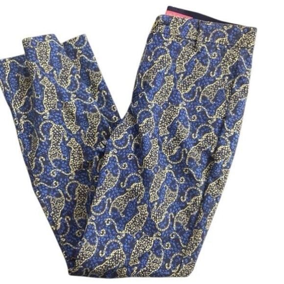 Lilly Pulitzer Cropped Dress Pants – Size 0 – Blue & Gold Cat Print - Picture 1 of 6